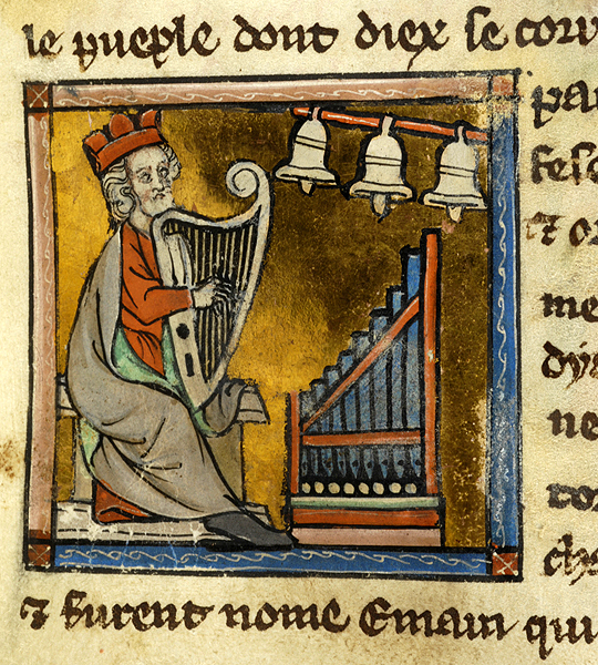 King David at the harp with the organ and a set of bells