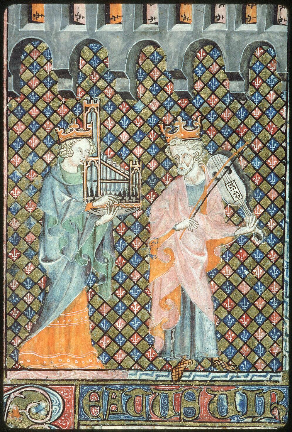 King David playing the vielle and the queen playing the portative organ